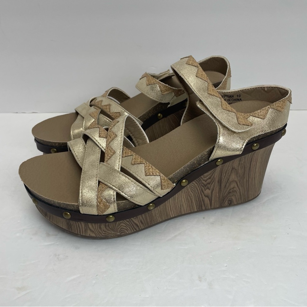 Corkys women’s 10 Gold Leather Platform Wedge Sandal boho festival metallic